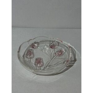 Mikasa French Countryside Glass Bowl Pink Embossed Tulip Frosted Leaf Scalloped